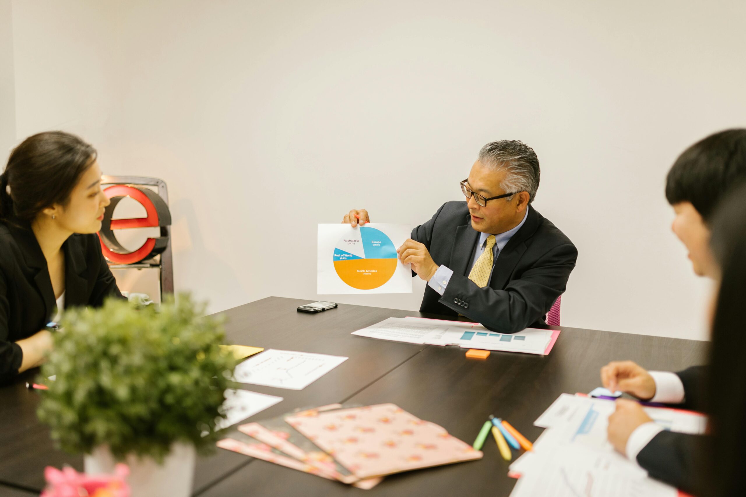 Professionals engaged in a collaborative business meeting discussing strategies with visual aids.